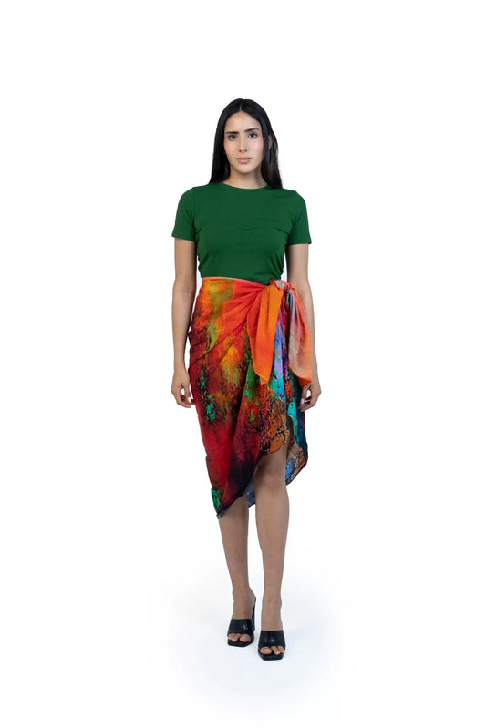 Roar Abstract Print Sarong - Red & Multicolor Beach Cover Up