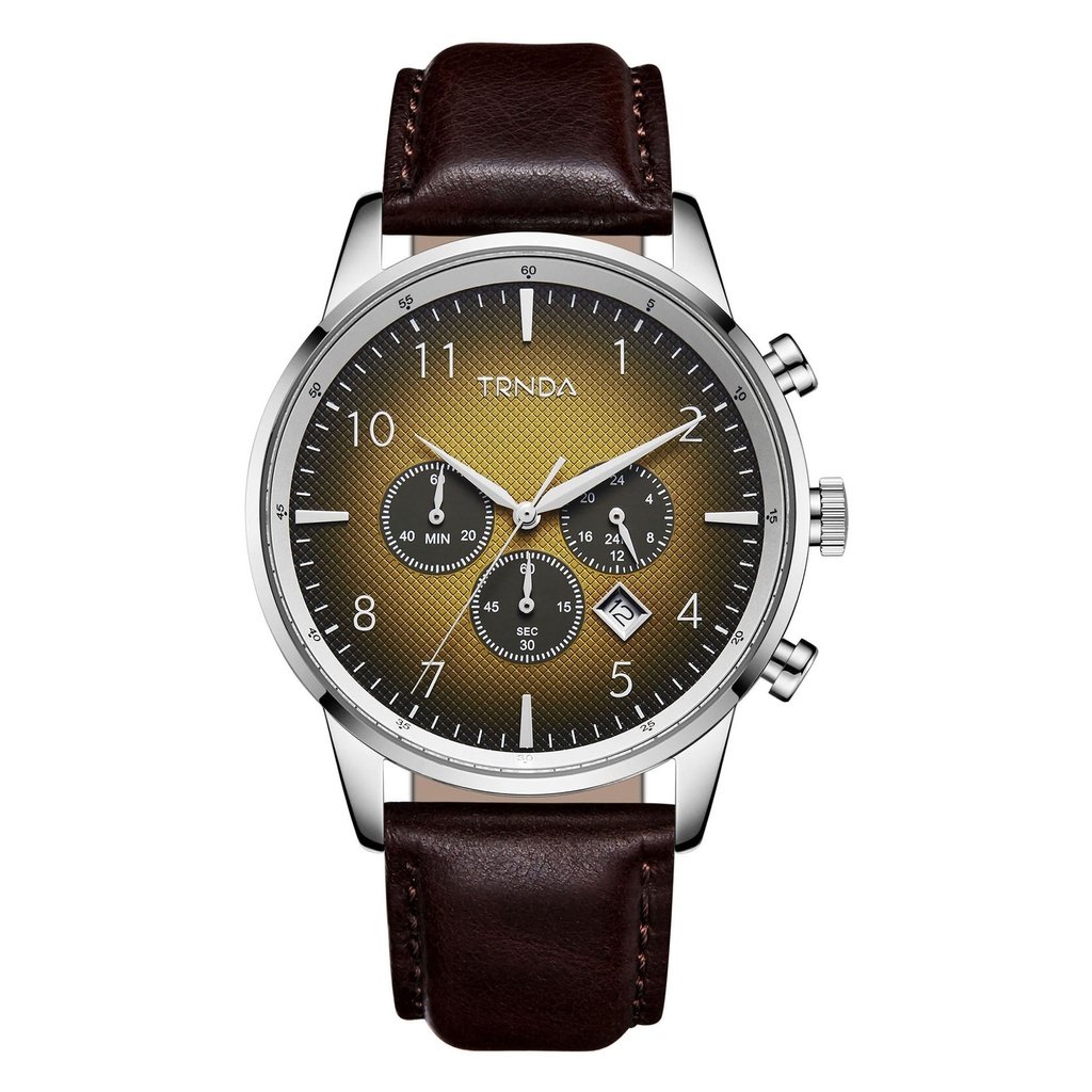 Trnda Men's Stainless Steel Watch, Brown Leather Band | Trn-Ss43b
