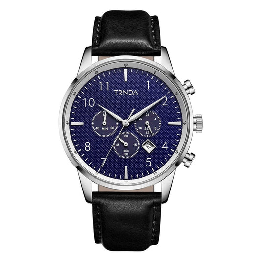 Trnda Men's Stainless Steel Watch, Black Leather Band | Trn-43db