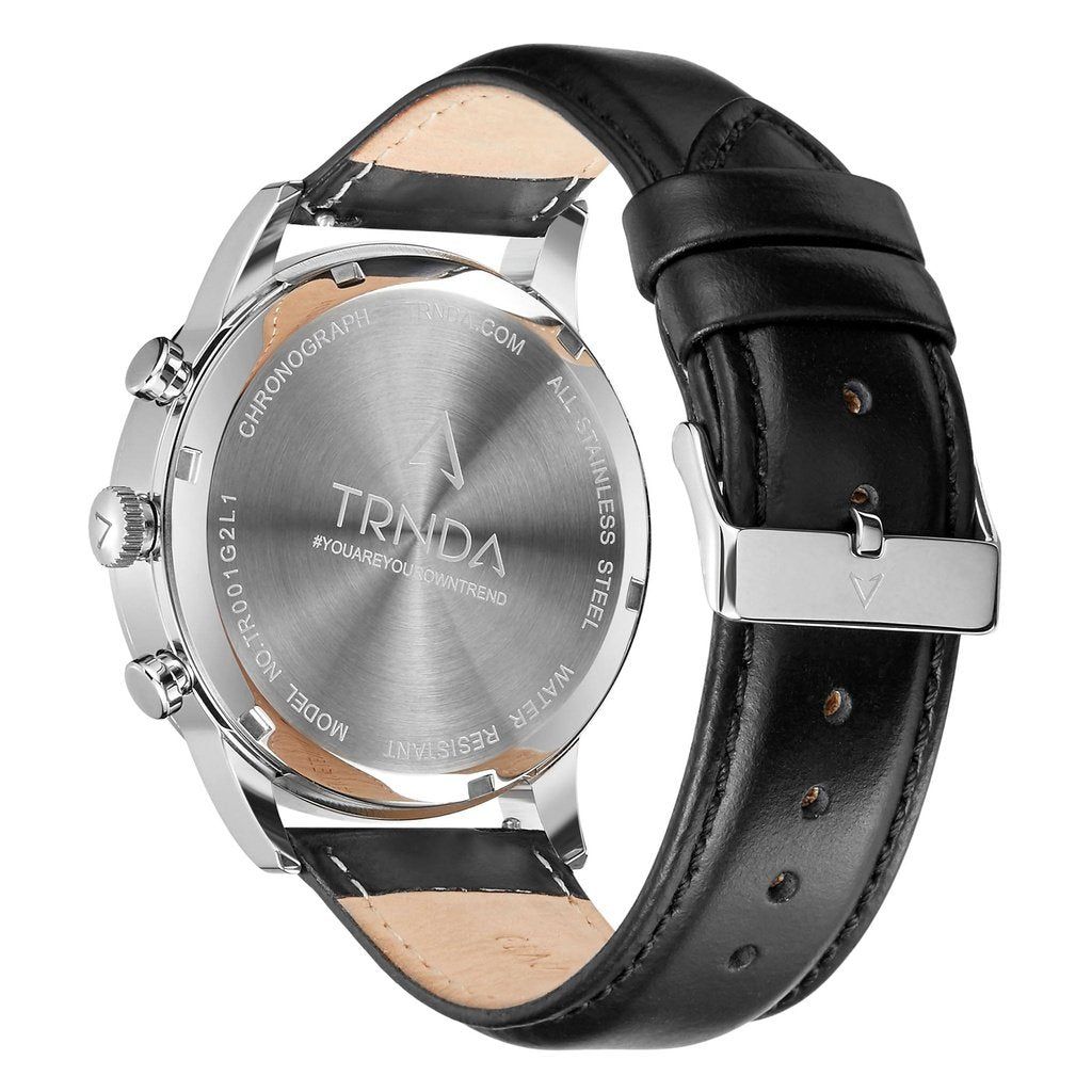 Trnda Men's Stainless Steel Watch, Black Leather Band | Trn-43db